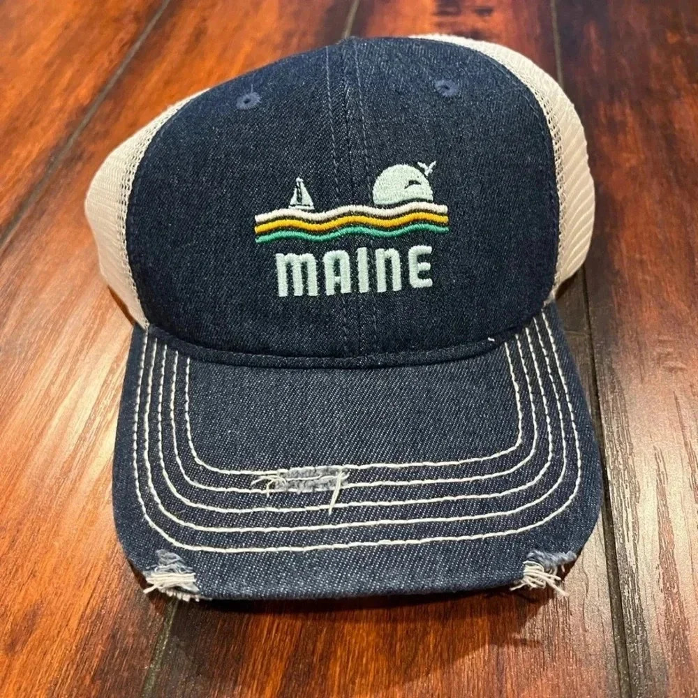 New Maine navy blue Jean trucker Woven Hat Ball Cap/Trucker, Mesh Back $25